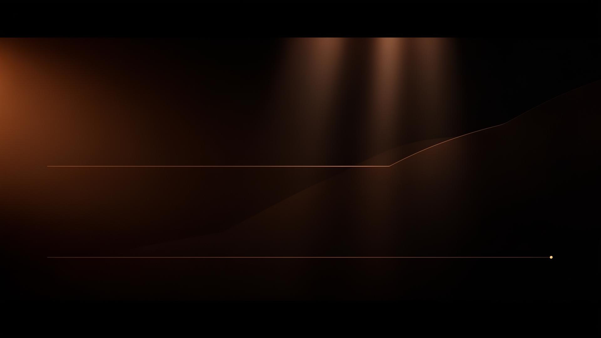 Abstract editorial composition: copper light rays and a rising performance curve on warm black