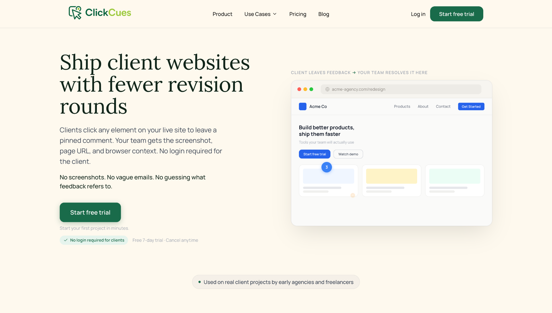 ClickCues homepage showing visual website feedback workflow