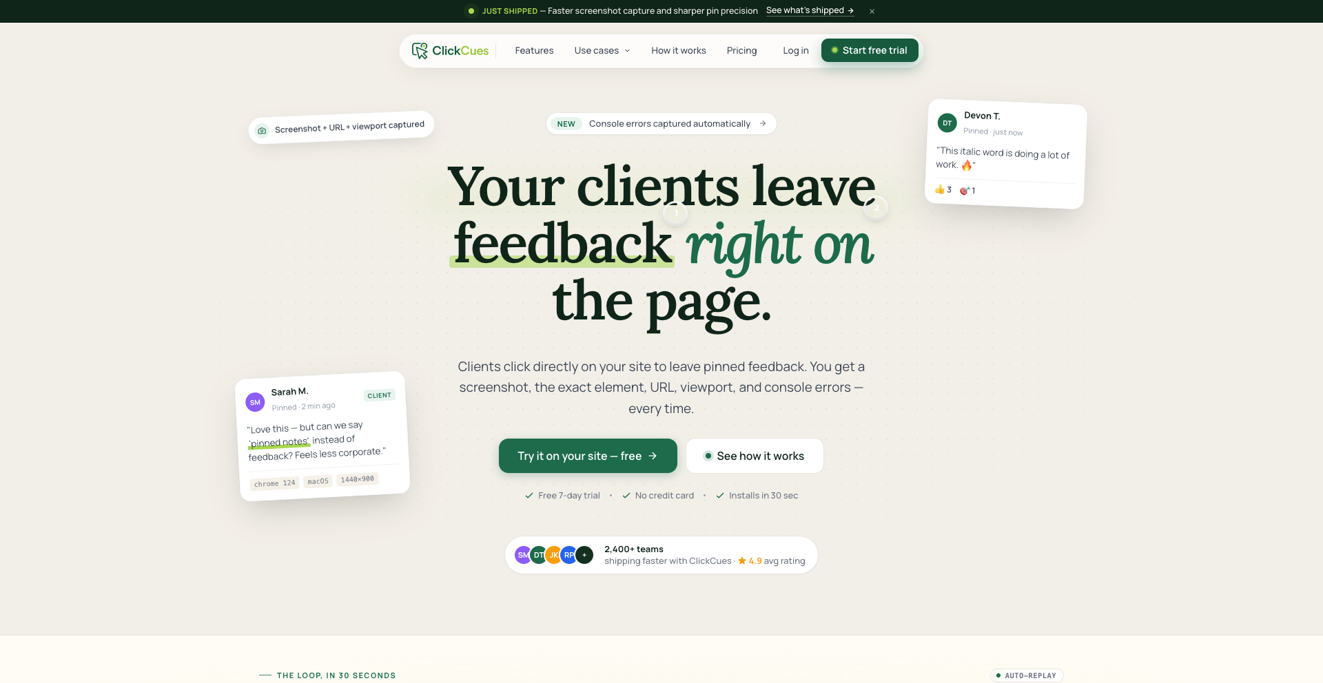 ClickCues homepage showing visual website feedback workflow