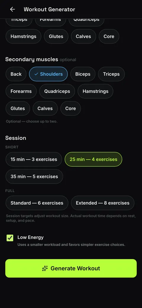 RepFlow workout generator configuration screen with muscle selection, session length options, and a low energy toggle