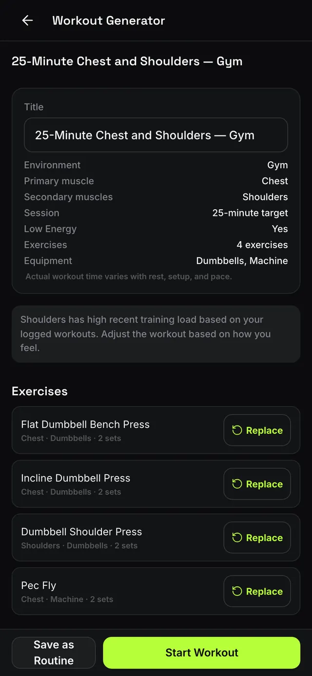 RepFlow generated workout summary listing exercises with replace controls and start workout action