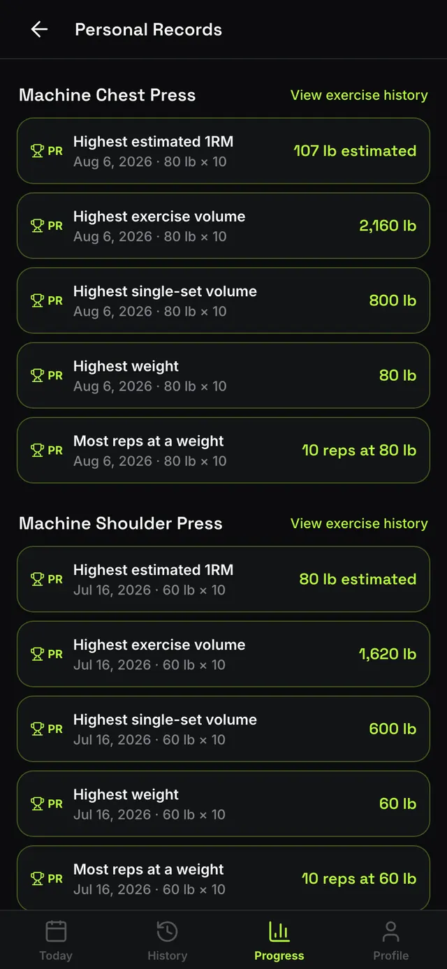 RepFlow personal records screen listing estimated one rep max, volume, and weight bests per exercise