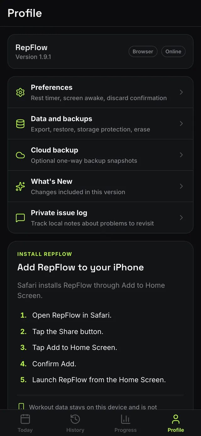 RepFlow profile screen showing version, browser and online status, data and backup options, and iPhone install instructions