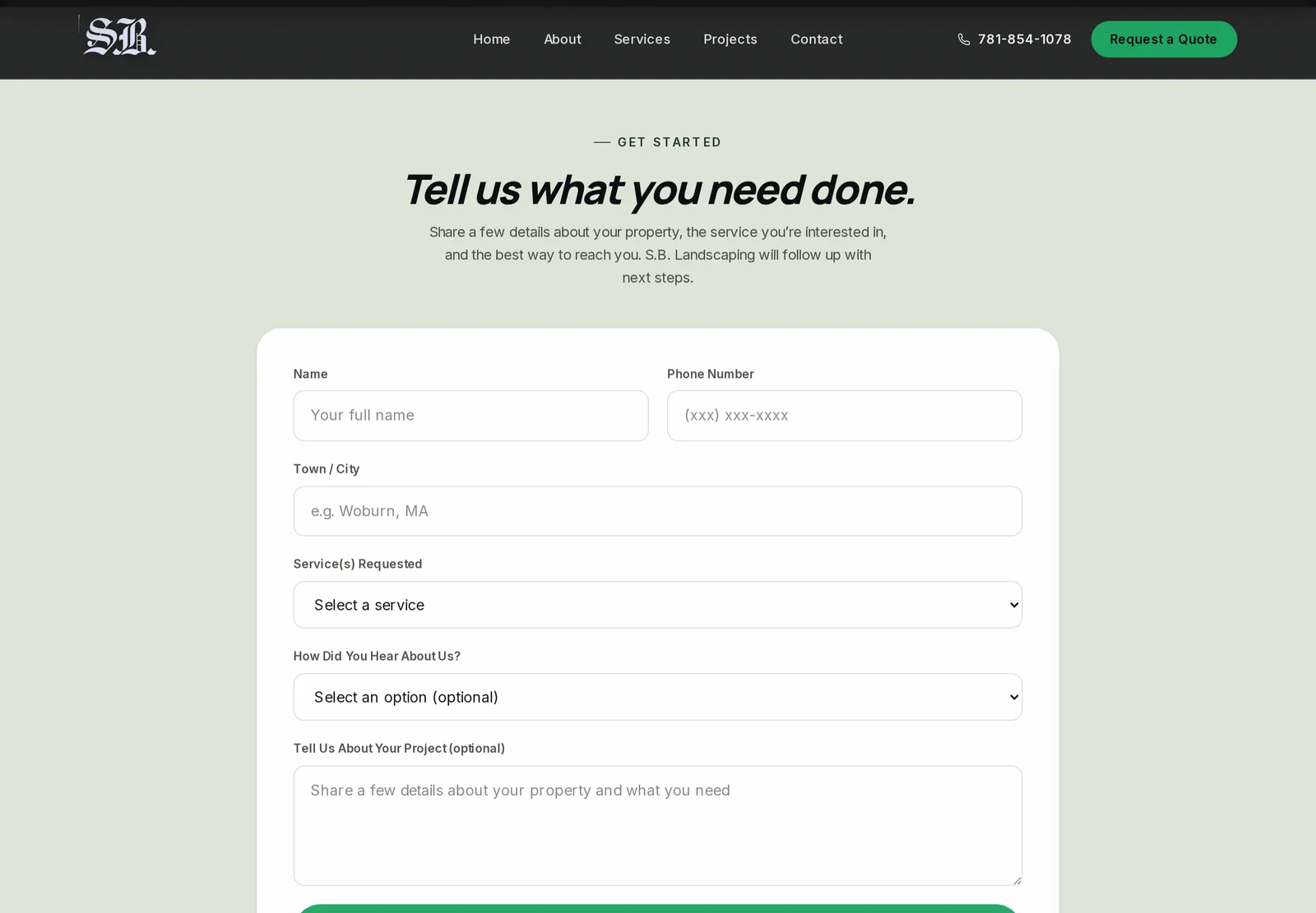 S.B. Landscaping quote request form asking for name, phone number, town or city, service requested, how the visitor heard about the company, and optional project details