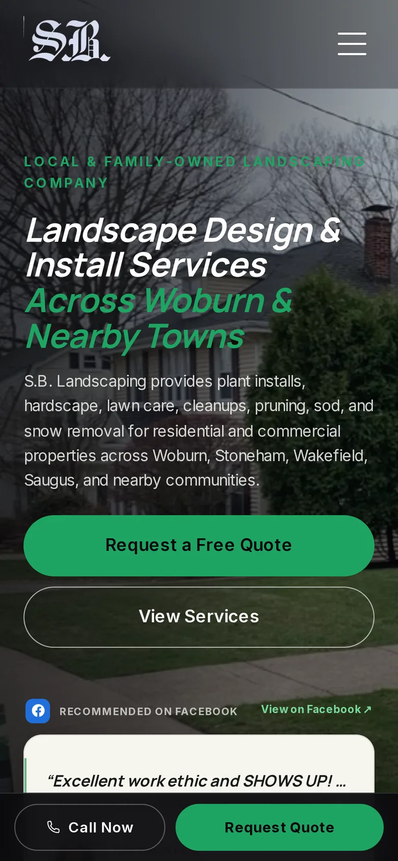S.B. Landscaping homepage on a phone showing the headline, service summary, a request a free quote button, a view services button, and a persistent call now bar fixed to the bottom of the screen